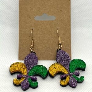 Glittery Mardi Gras Fleur-de-Lis Earrings in Purple, Green, and Gold